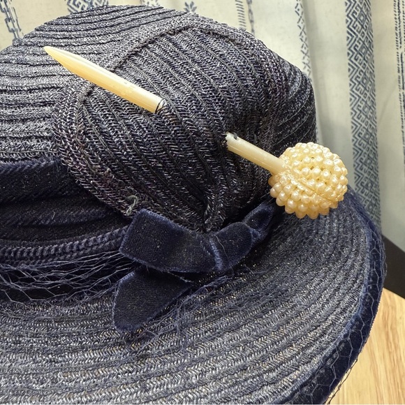 Vintage Elegant Navy Blue Women's Hat with Veil - Picture 9 of 12